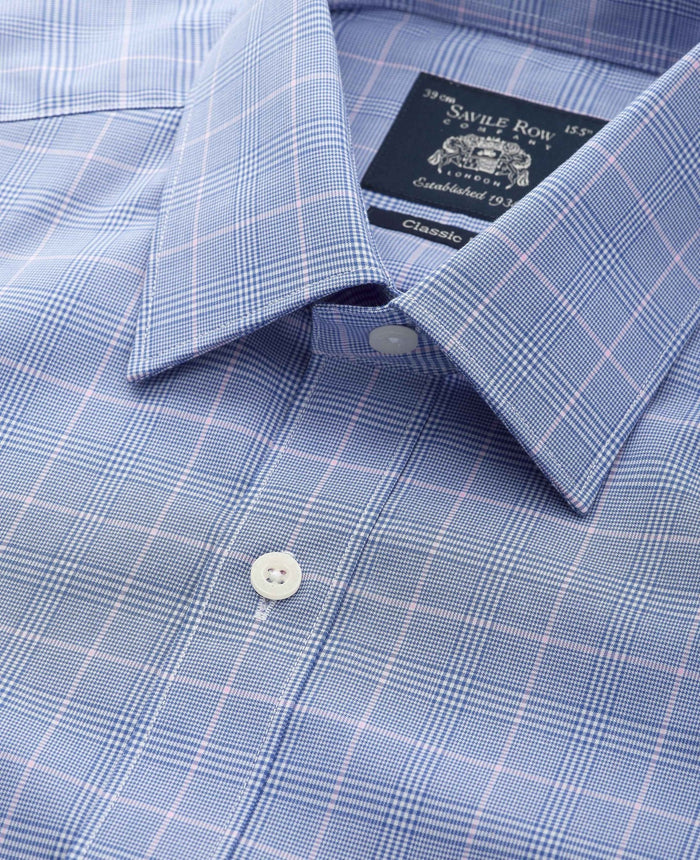 Men's Blue Prince of Wales Check Cotton Classic Fit Winchester Formal Shirt With Double Cuffs collar detail