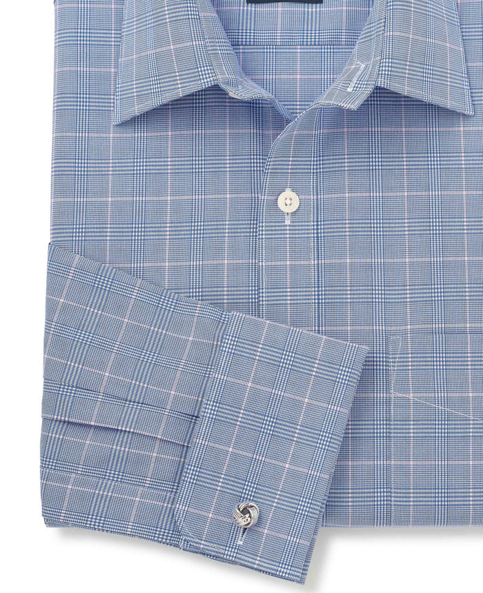 Men's Blue Prince of Wales Check Cotton Classic Fit Winchester Formal Shirt With Double Cuffs sleeve detail