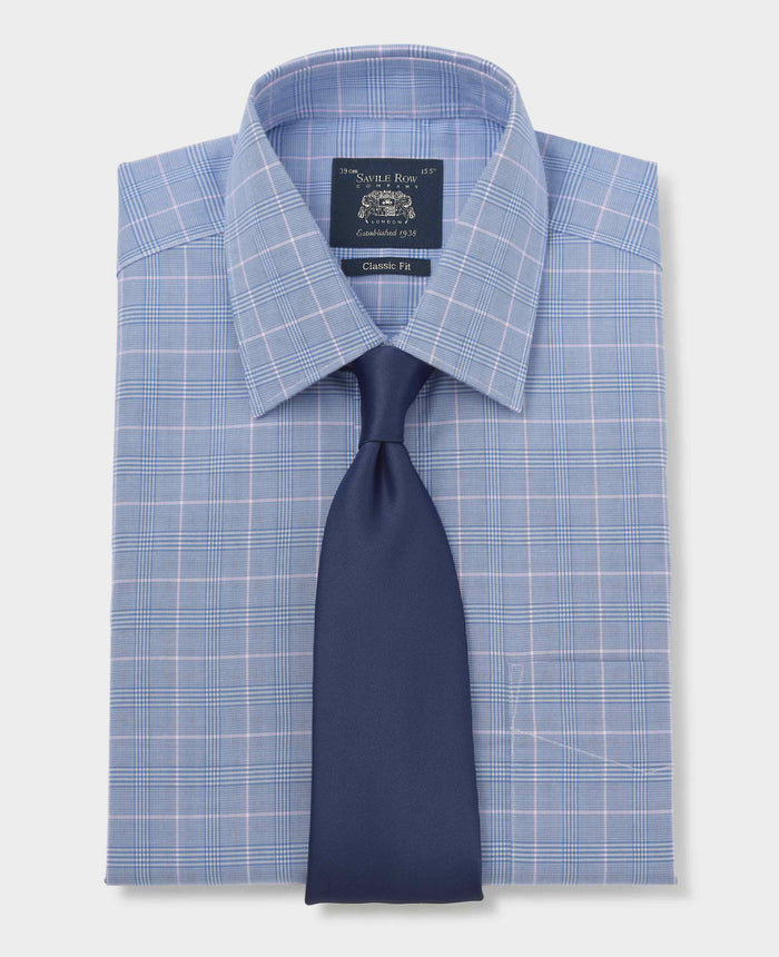 Men's Blue Prince of Wales Check Cotton Classic Fit Winchester Formal Shirt With Double Cuffs folded shot