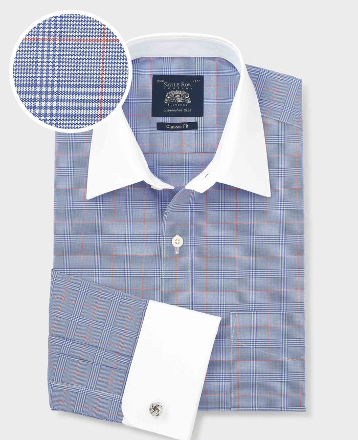 Men's Blue Prince of Wales Check Cotton Poplin Classic Fit Winchester Shirt With Double Cuffs folded shot