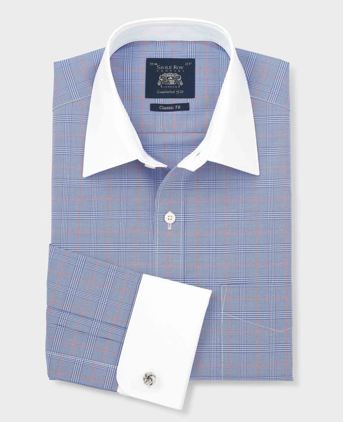 Men's Blue Prince of Wales Check Cotton Poplin Classic Fit Winchester Shirt With Double Cuffs folded shot