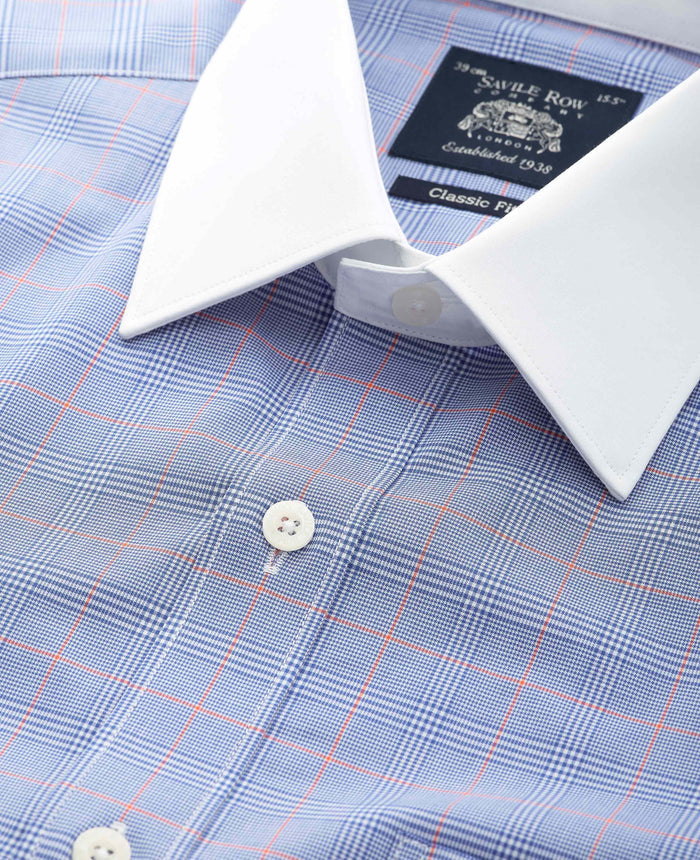 Men's Blue Prince of Wales Check Cotton Poplin Classic Fit Winchester Shirt With Double Cuffs collar detail