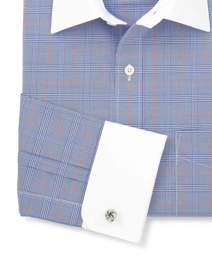 Men's Blue Prince of Wales Check Cotton Poplin Classic Fit Winchester Shirt With Double Cuffs sleeve detail