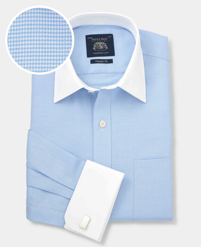 Men's Winchester Shirt in Blue Puppytooth with Double Cuffs with fabric swatch
