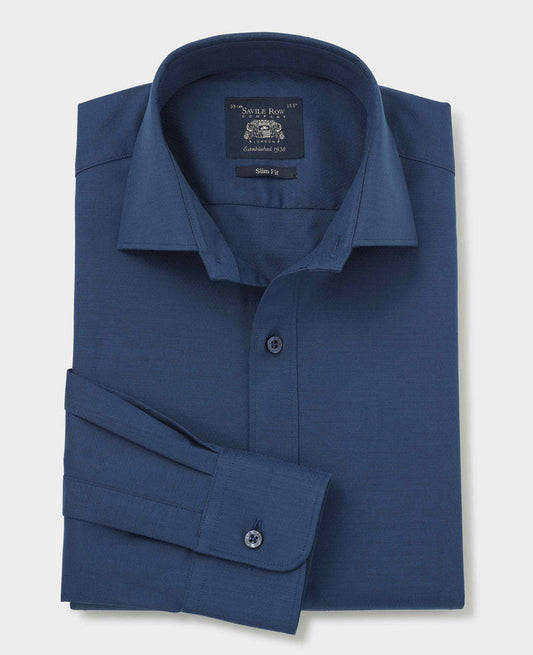 Men's Blue Stretch Textured Cotton Slim Fit Formal Shirt With Single Cuffs folded shot