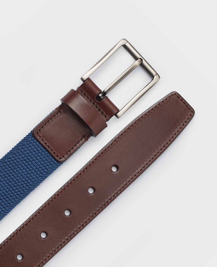Men's Blue Stretch Woven Belt With Leather Tip flat view