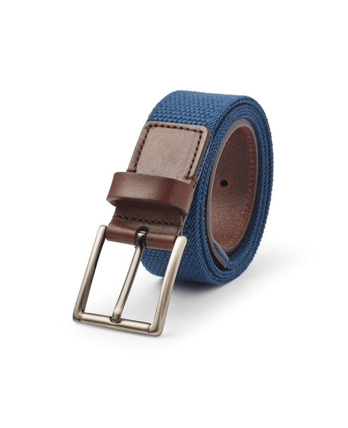 Men's Blue Stretch Woven Belt With Leather Tip rolled
