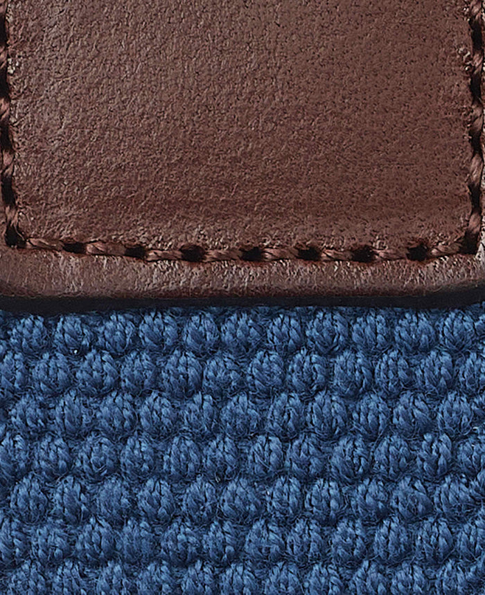 Men's Blue Stretch Woven Belt With Leather Tip fabric detail