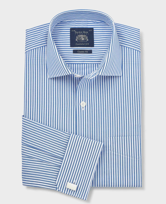 Men's Blue Stripe Cotton Poplin Classic Fit Formal Shirt With Double Cuffs folded shot