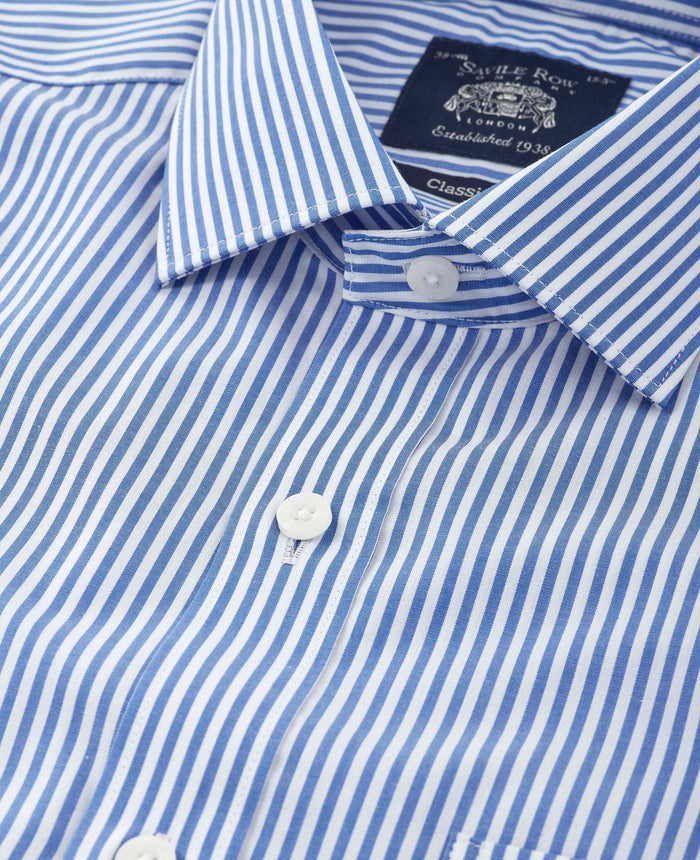 Men's Blue Stripe Cotton Poplin Classic Fit Formal Shirt With Double Cuffs collar detail
