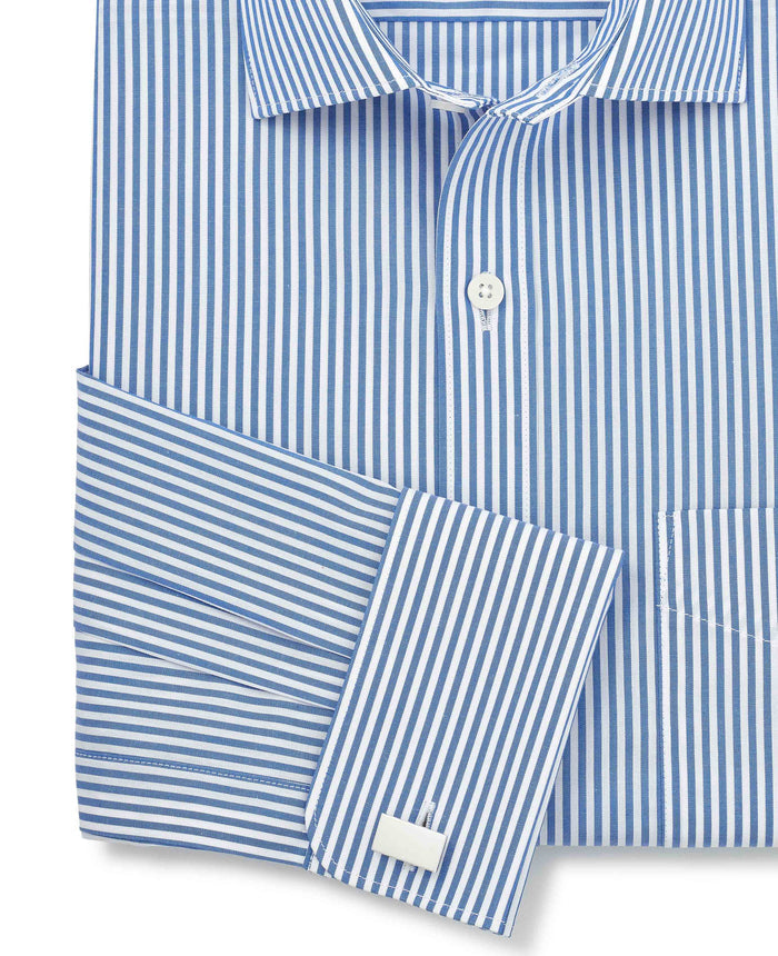 Men's Blue Stripe Cotton Poplin Classic Fit Formal Shirt With Double Cuffs sleeve detail