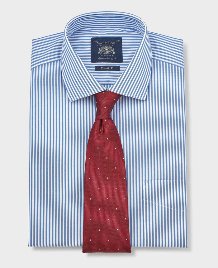 Men's Blue Stripe Cotton Poplin Classic Fit Formal Shirt With Double Cuffs folded with tie