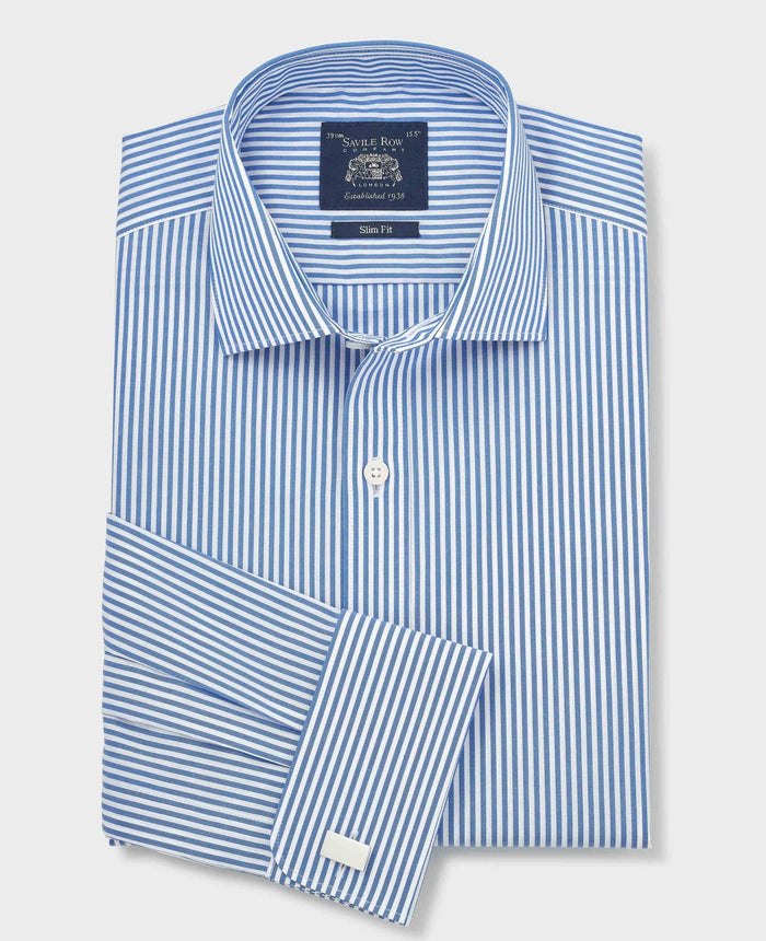 Men's Blue Stripe Cotton Poplin Slim Fit Formal Shirt With Double Cuffs folded shot