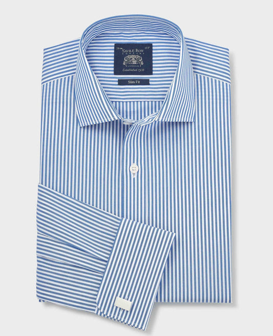 Men's Blue Stripe Cotton Poplin Slim Fit Formal Shirt With Double Cuffs folded shot