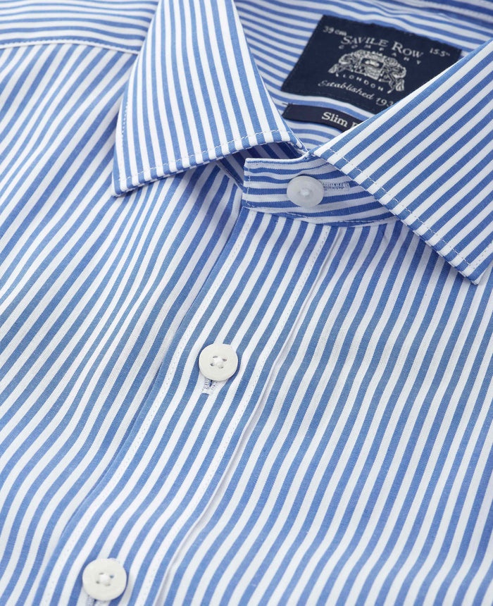 Men's Blue Stripe Cotton Poplin Slim Fit Formal Shirt With Double Cuffs collar detail