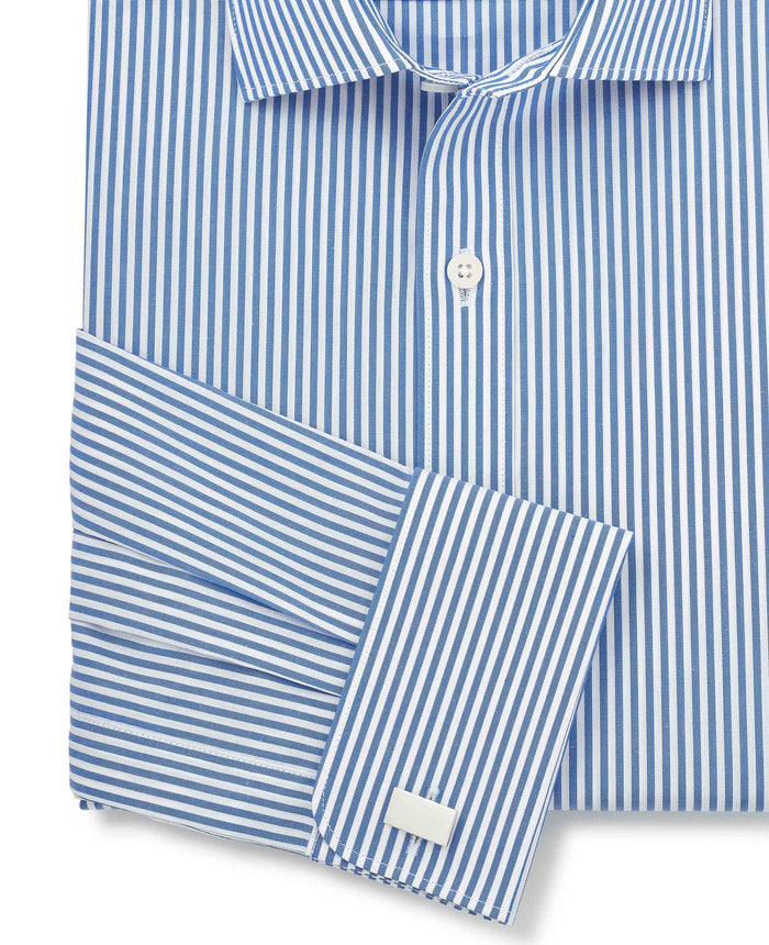 Men's Blue Stripe Cotton Poplin Slim Fit Formal Shirt With Double Cuffs sleeve detail