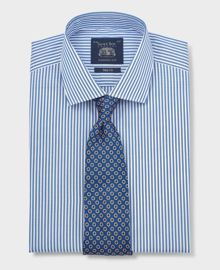 Men's Blue Stripe Cotton Poplin Slim Fit Formal Shirt With Double Cuffs folded with tie