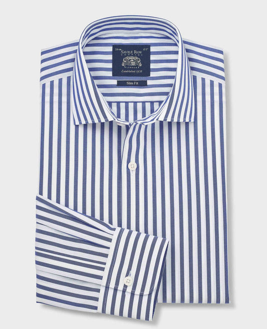 Men's Blue Stripe Cotton Poplin Slim Fit Formal Shirt With Single Cuffs folded shot
