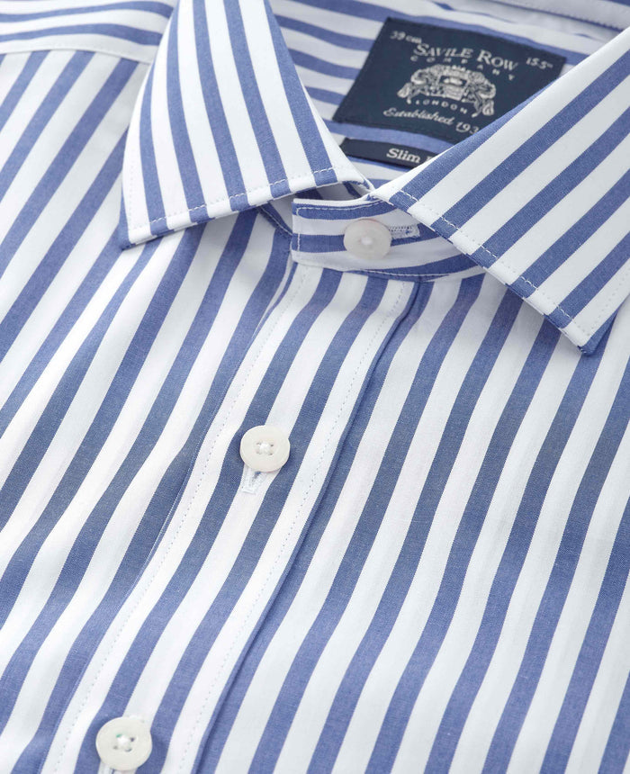 Men's Blue Stripe Cotton Poplin Slim Fit Formal Shirt With Single Cuffs collar detail
