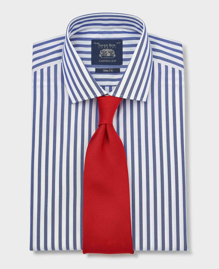 Men's Blue Stripe Cotton Poplin Slim Fit Formal Shirt With Single Cuffs folded with tie