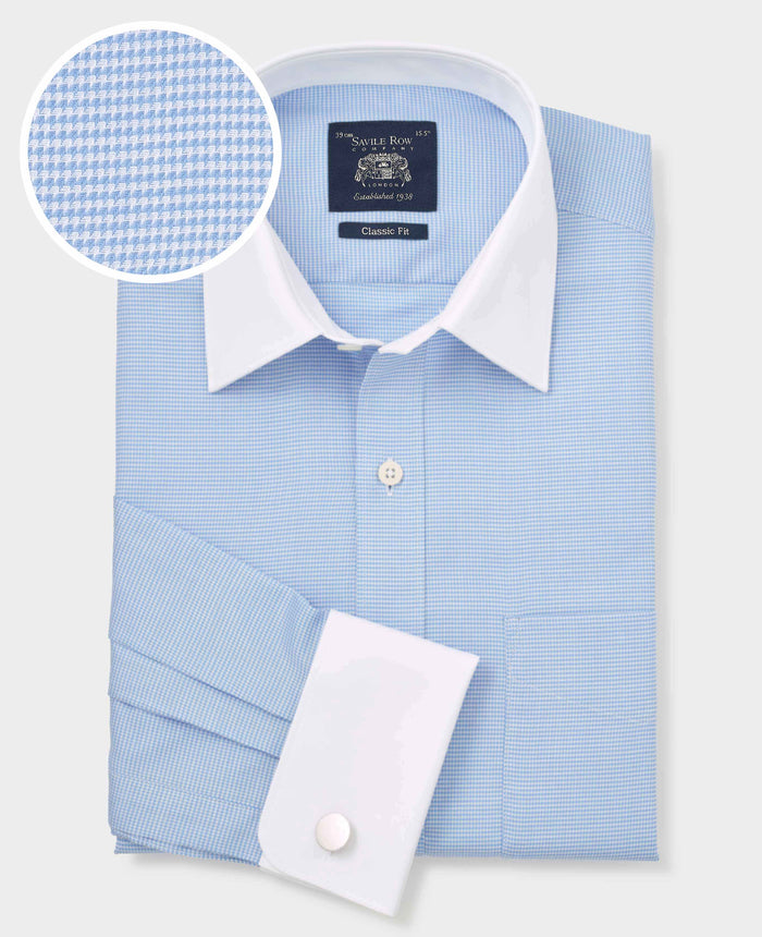 Men's Blue Textured Cotton Puppytooth Classic Fit Winchester Formal Shirt With Double Cuffs with fabric swatch
