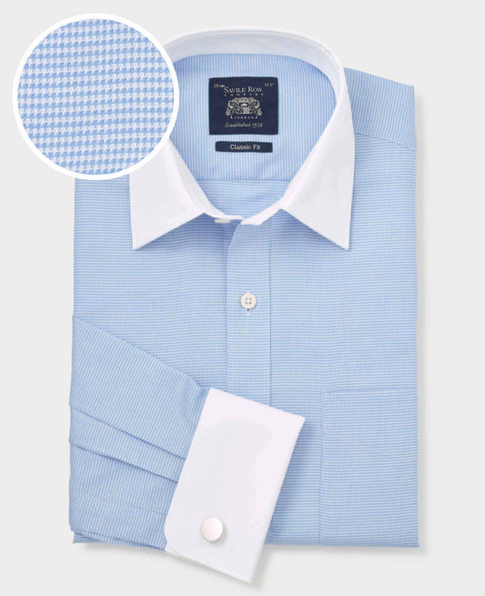 Men's Blue Textured Cotton Puppytooth Classic Fit Winchester Formal Shirt With Double Cuffs with fabric swatch