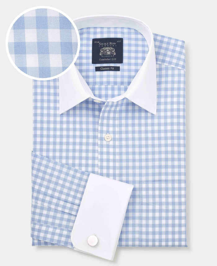 Men's Blue White Cotton Check Classic Fit Winchester Formal Shirt With Double Cuffs folded shot