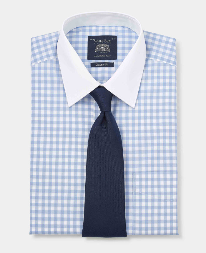 Men's Blue White Cotton Check Classic Fit Winchester Formal Shirt With Double Cuffs folded with tie
