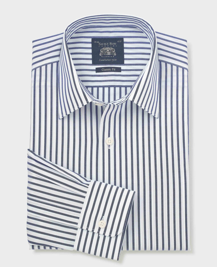 Men's Blue White Cotton Poplin Stripe Classic Fit Formal Shirt With Single Cuffs folded shot