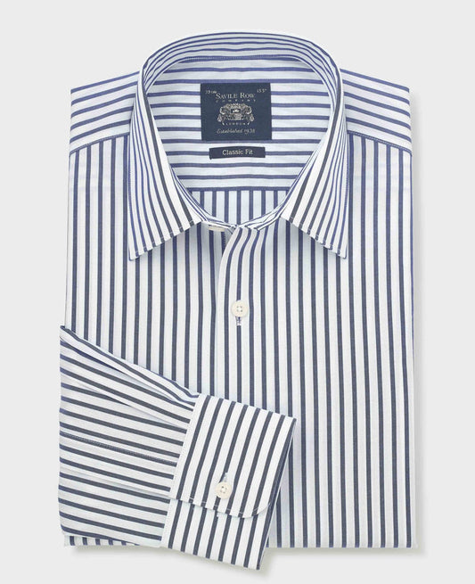 Men's Blue White Cotton Poplin Stripe Classic Fit Formal Shirt With Single Cuffs folded shot