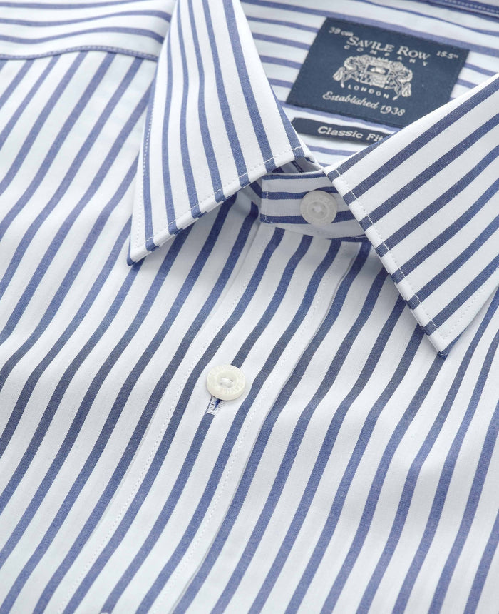 Men's Blue White Cotton Poplin Stripe Classic Fit Formal Shirt With Single Cuffs collar detail