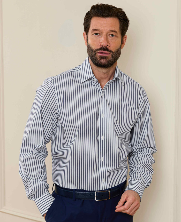 Men's Blue White Cotton Poplin Stripe Classic Fit Formal Shirt With Single Cuffs model shot