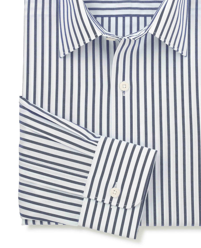 Men's Blue White Cotton Poplin Stripe Classic Fit Formal Shirt With Single Cuffs sleeve detail