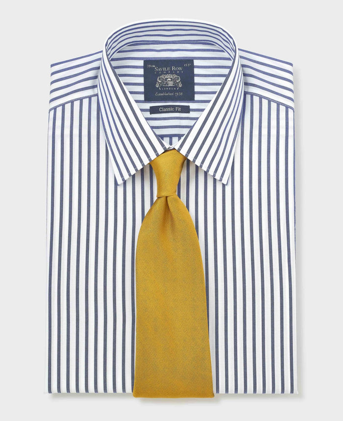 Men's Blue White Cotton Poplin Stripe Classic Fit Formal Shirt With Single Cuffs folded shot