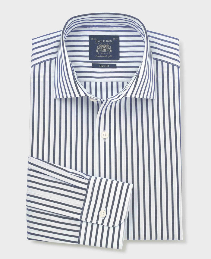 Men's Blue White Cotton Poplin Stripe Slim Fit Formal Shirt With Single Cuffs folded shot