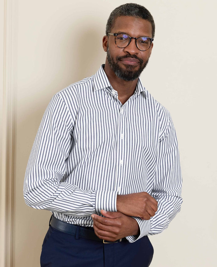 Men's Blue White Cotton Poplin Stripe Slim Fit Formal Shirt With Single Cuffs model shot