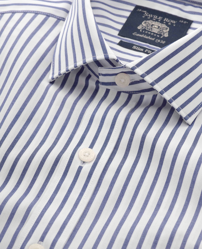 Men's Blue White Cotton Poplin Stripe Slim Fit Formal Shirt With Single Cuffs collar detail