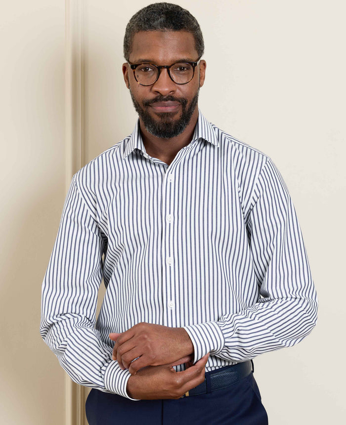 Men's Blue White Cotton Poplin Stripe Slim Fit Formal Shirt With Single Cuffs model shot