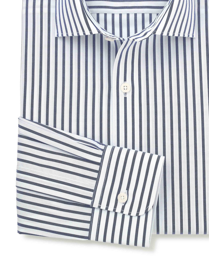 Men's Blue White Cotton Poplin Stripe Slim Fit Formal Shirt With Single Cuffs sleeve detail