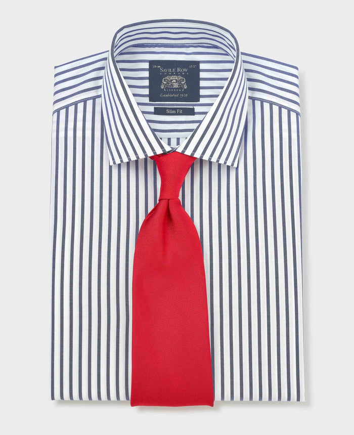 Men's Blue White Cotton Poplin Stripe Slim Fit Formal Shirt With Single Cuffs folded shot