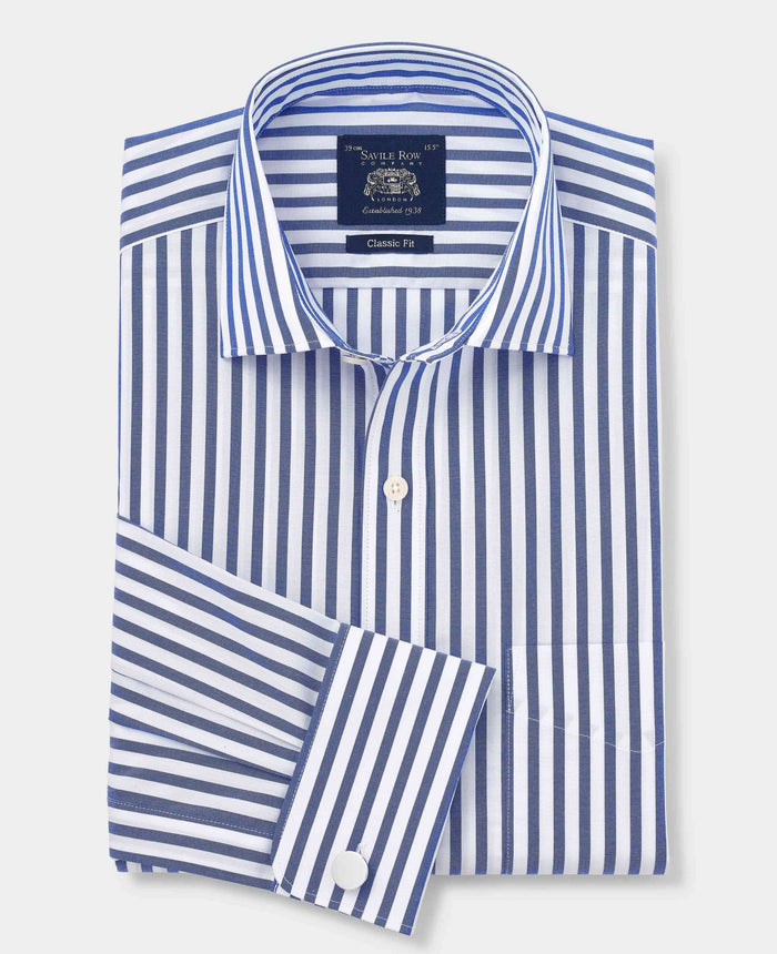 Men's Blue White Cotton Poplin Striped Classic Fit Formal Shirt With Double Cuffs folded