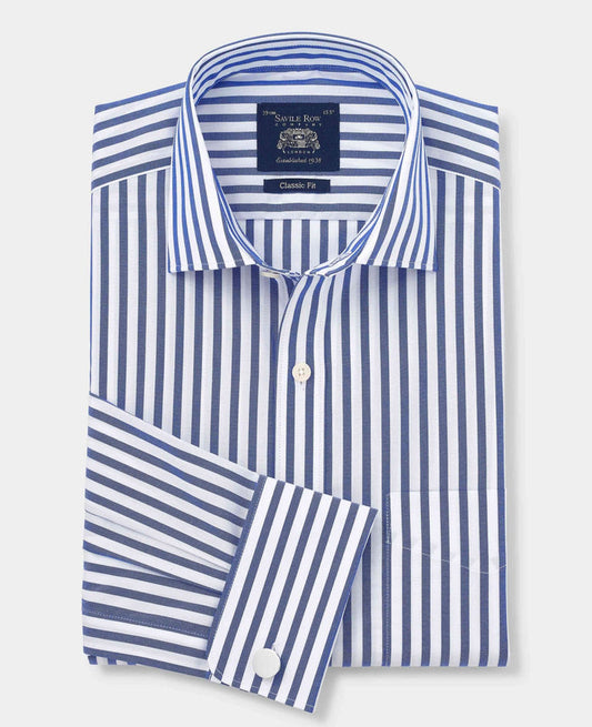 Men's Blue White Cotton Poplin Striped Classic Fit Formal Shirt With Double Cuffs folded