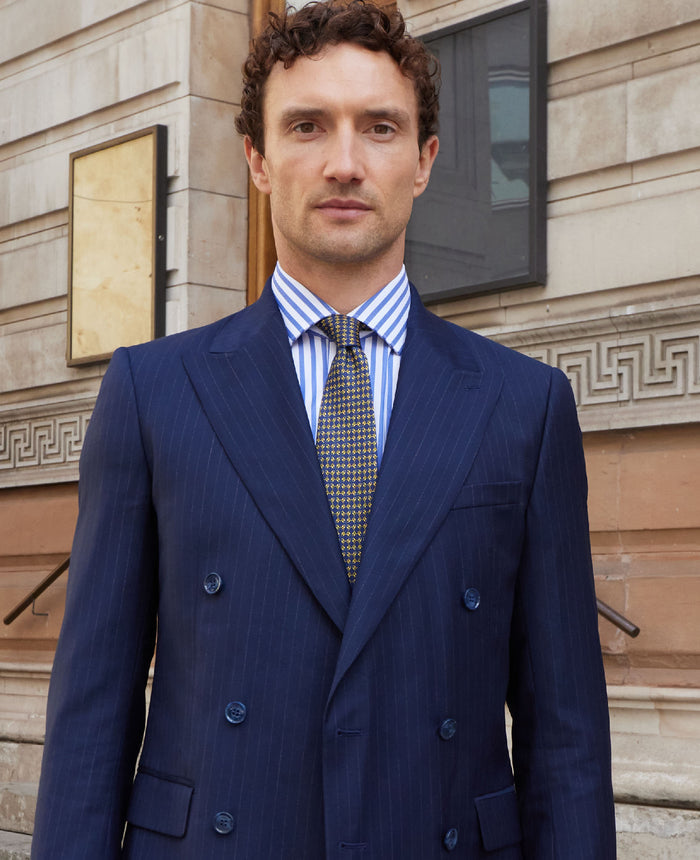 Men's Blue White Cotton Poplin Striped Classic Fit Formal Shirt With Double Cuffs folded shot