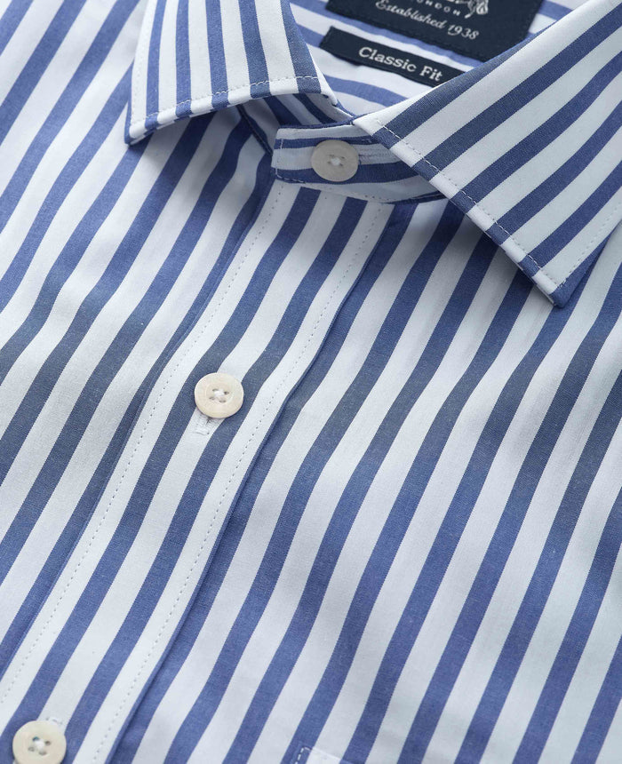 Men's Blue White Cotton Poplin Striped Classic Fit Formal Shirt With Double Cuffs collar detail