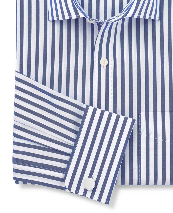 Men's Blue White Cotton Poplin Striped Classic Fit Formal Shirt With Double Cuffs sleeve detail