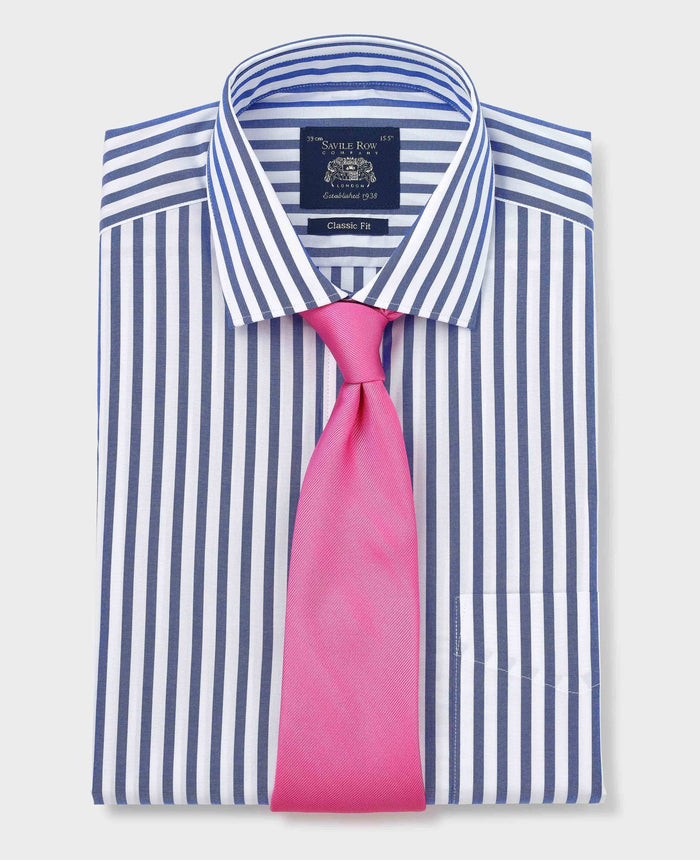 Men's Blue White Cotton Poplin Striped Classic Fit Formal Shirt With Double Cuffs folded with tie