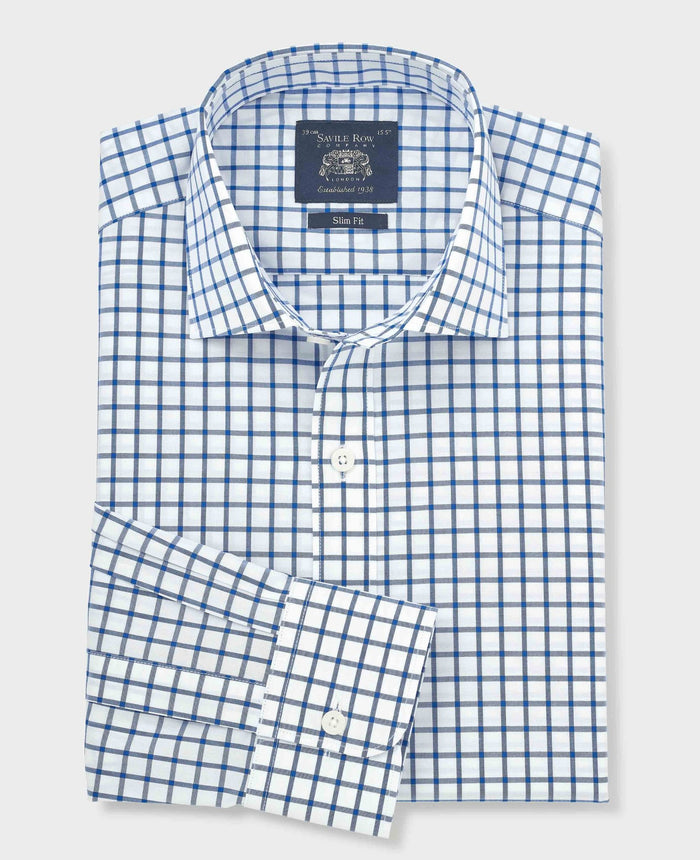 Men's Blue White Cotton Poplin Window Check Slim Fit Formal Shirt With Single Cuffs folded shot
