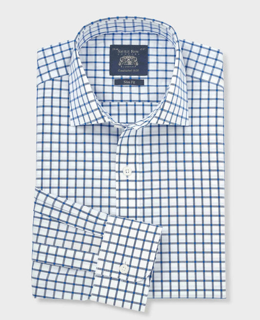 Men's Blue White Cotton Poplin Window Check Slim Fit Formal Shirt With Single Cuffs folded shot