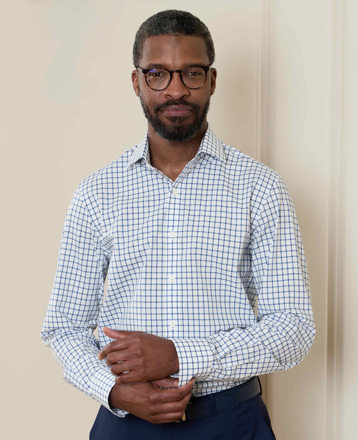 Men's Blue White Cotton Poplin Window Check Slim Fit Formal Shirt With Single Cuffs model shot