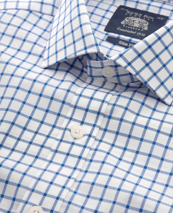Men's Blue White Cotton Poplin Window Check Slim Fit Formal Shirt With Single Cuffs collar detail